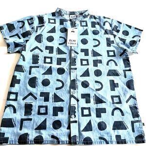 BEAU LOves Washed Blue Chambray Positive Thoughts Short Sleeve Shirt NWT